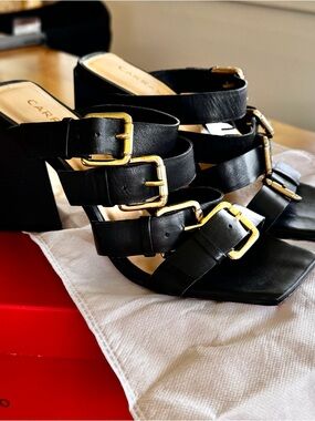 ✨ Carrano Black Leather Multi-Buckle Block Heel Mules ✨